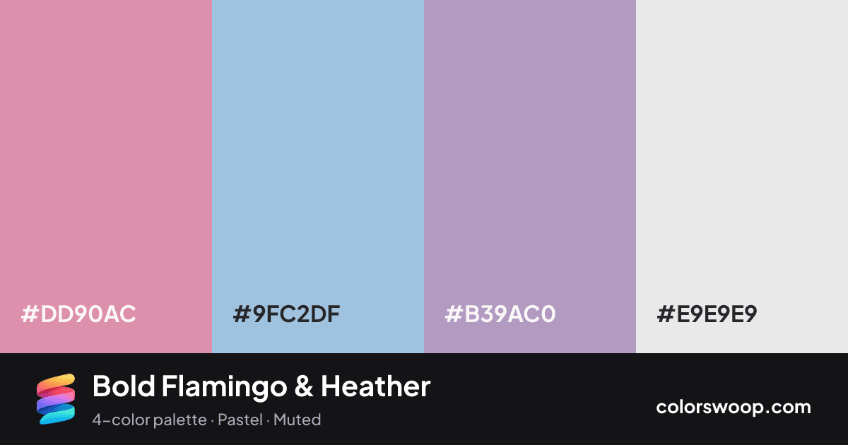 Bold Flamingo & Heather color palette card: Flamingo #DD90AC, Sky Blue #9FC2DF, Heather #B39AC0, Frost #E9E9E9