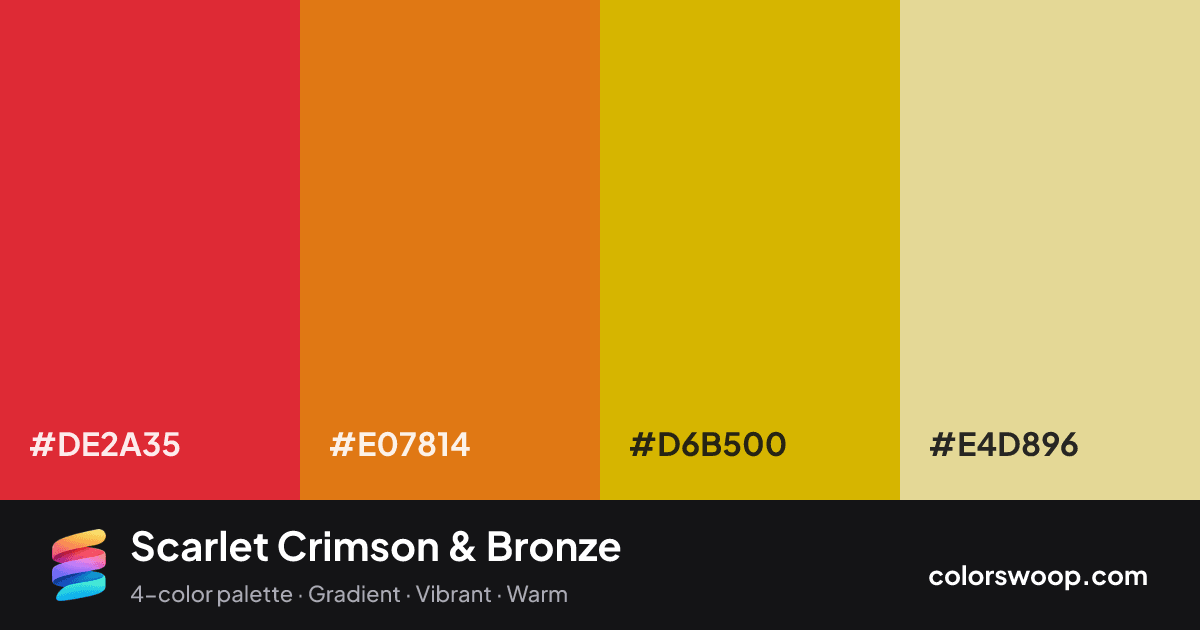 Scarlet Crimson & Bronze color palette card: Crimson #DE2A35, Bronze #E07814, Mustard #D6B500, Vanilla #E4D896