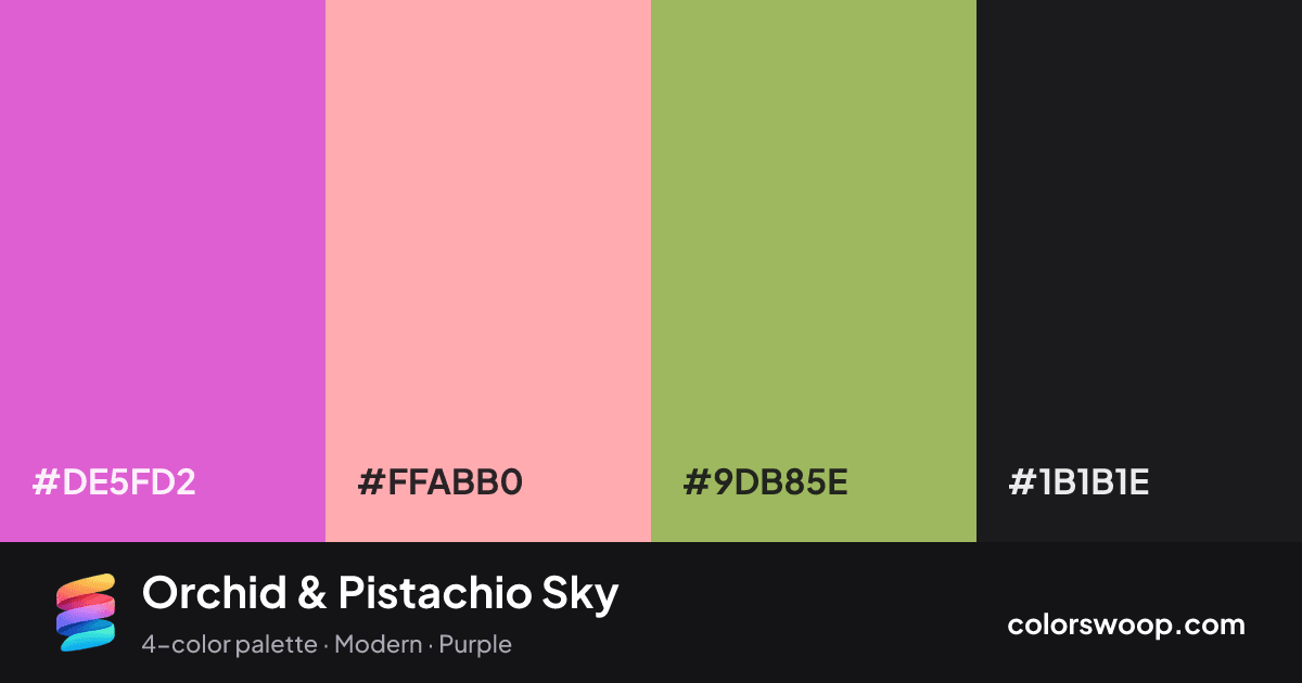 Orchid & Pistachio Sky color palette card: Orchid #DE5FD2, Melon #FFABB0, Pistachio #9DB85E, Raisin #1B1B1E