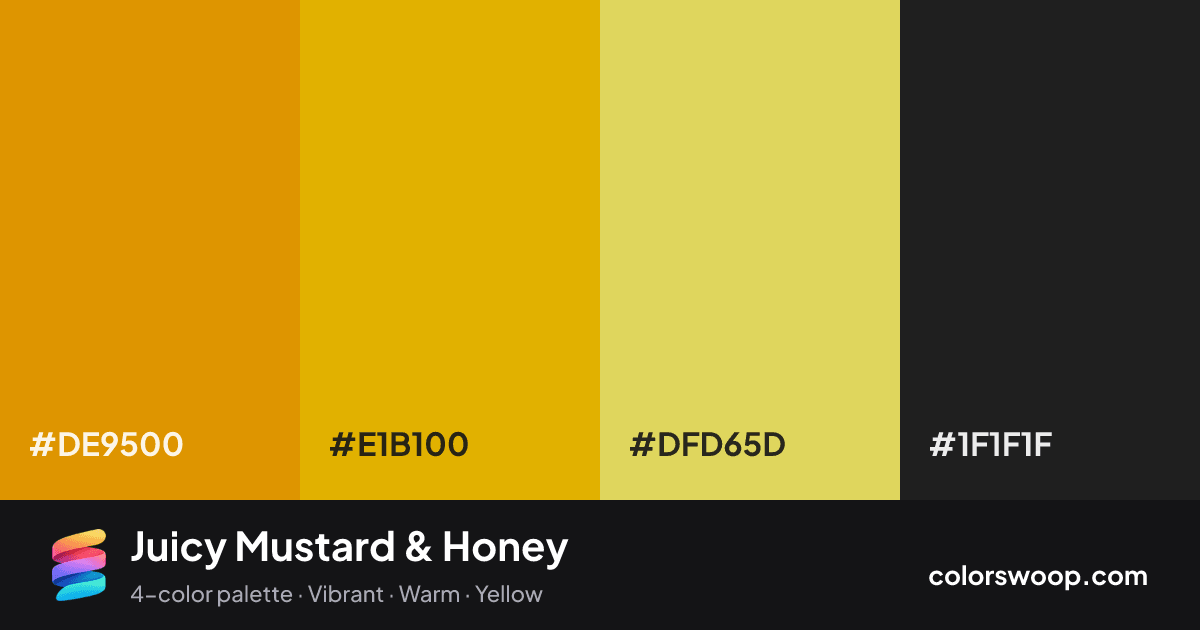 Juicy Mustard & Honey color palette card: Honey #DE9500, Mustard #E1B100, Citrine #DFD65D, Raisin #1F1F1F