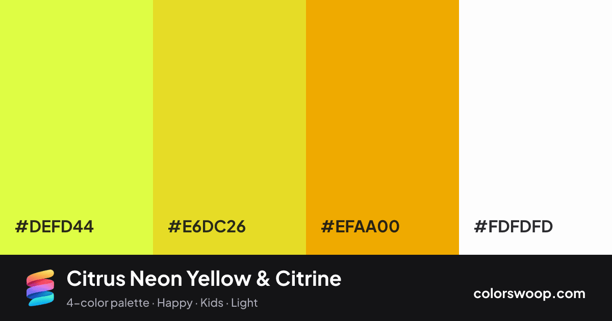 Citrus Neon Yellow & Citrine color palette card: Neon Yellow #DEFD44, Citrine #E6DC26, Mustard #EFAA00, White #FDFDFD
