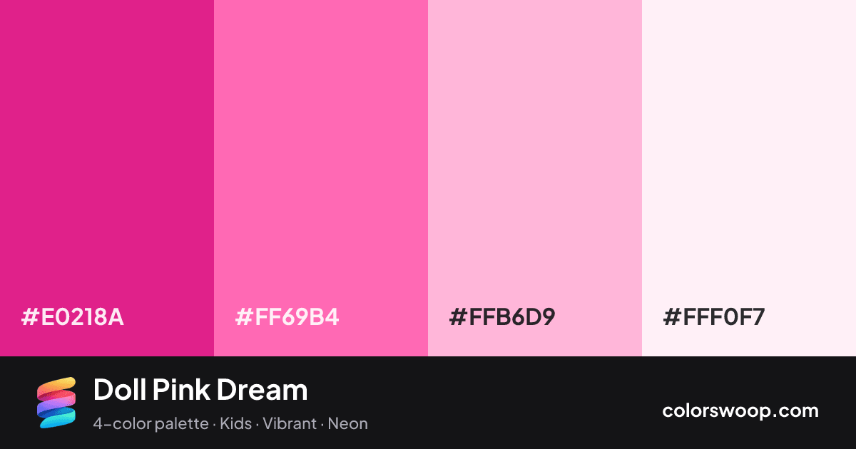Doll Pink Dream color palette card: Magenta #E0218A, Hot Pink #FF69B4, Cotton Candy #FFB6D9, Smoke #FFF0F7