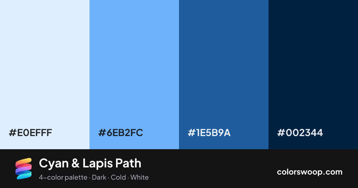 Cyan & Lapis Path color palette card: Frost #E0EFFF, Cyan #6EB2FC, Lapis #1E5B9A, Ink #002344