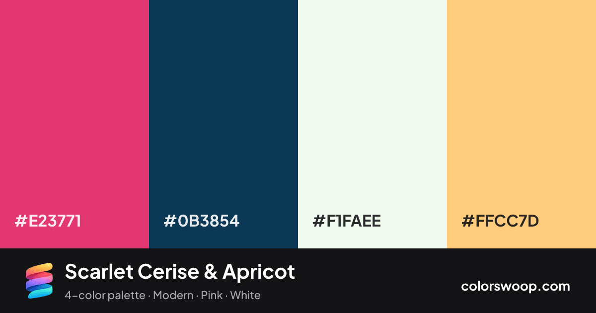 Scarlet Cerise & Apricot color palette card: Cerise #E23771, Prussian Blue #0B3854, Smoke #F1FAEE, Apricot #FFCC7D