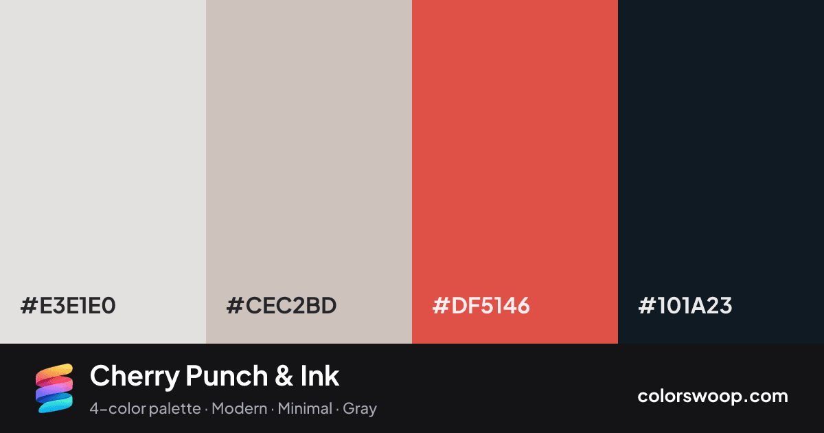 Cherry Punch & Ink color palette card: Almond #E3E1E0, Silver #CEC2BD, Punch #DF5146, Ink #101A23