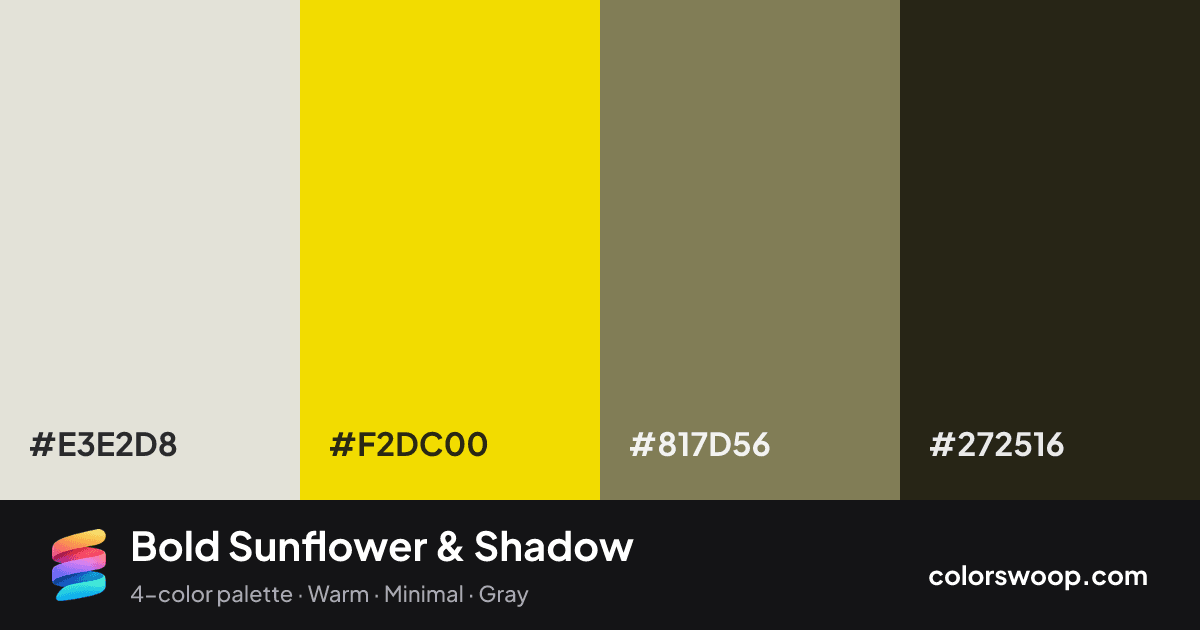 Bold Sunflower & Shadow color palette card: Almond #E3E2D8, Sunflower #F2DC00, Shadow #817D56, Raisin #272516