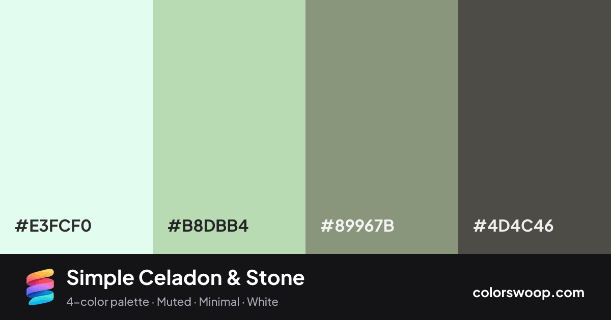 Simple Celadon & Stone color palette card: Smoke #E3FCF0, Celadon #B8DBB4, Stone #89967B, Graphite #4D4C46