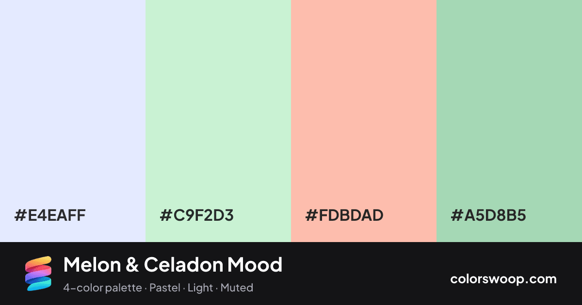 Melon & Celadon Mood color palette card: Lavender #E4EAFF, Ice #C9F2D3, Melon #FDBDAD, Celadon #A5D8B5