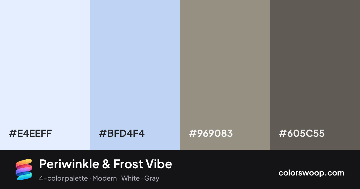 Periwinkle & Frost Vibe color palette card: Frost #E4EEFF, Periwinkle #BFD4F4, Stone #969083, Umber #605C55