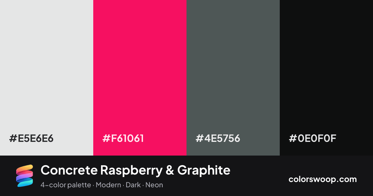 Concrete Raspberry & Graphite color palette card: Ice #E5E6E6, Raspberry #F61061, Graphite #4E5756, Obsidian #0E0F0F