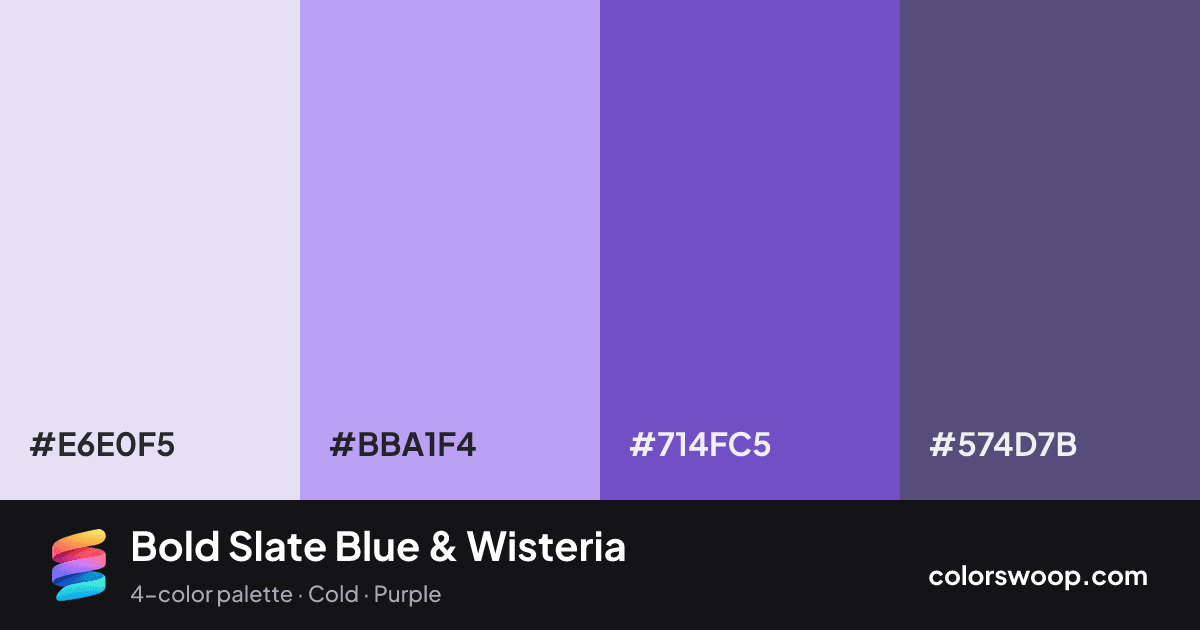 Bold Slate Blue & Wisteria color palette card: Lavender #E6E0F5, Wisteria #BBA1F4, Slate Blue #714FC5, Dusk #574D7B