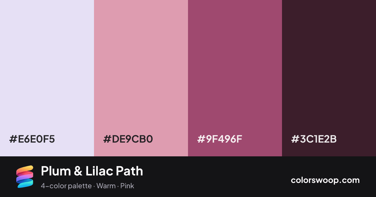 Plum & Lilac Path color palette card: Lavender #E6E0F5, Lilac #DE9CB0, Plum #9F496F, Espresso #3C1E2B