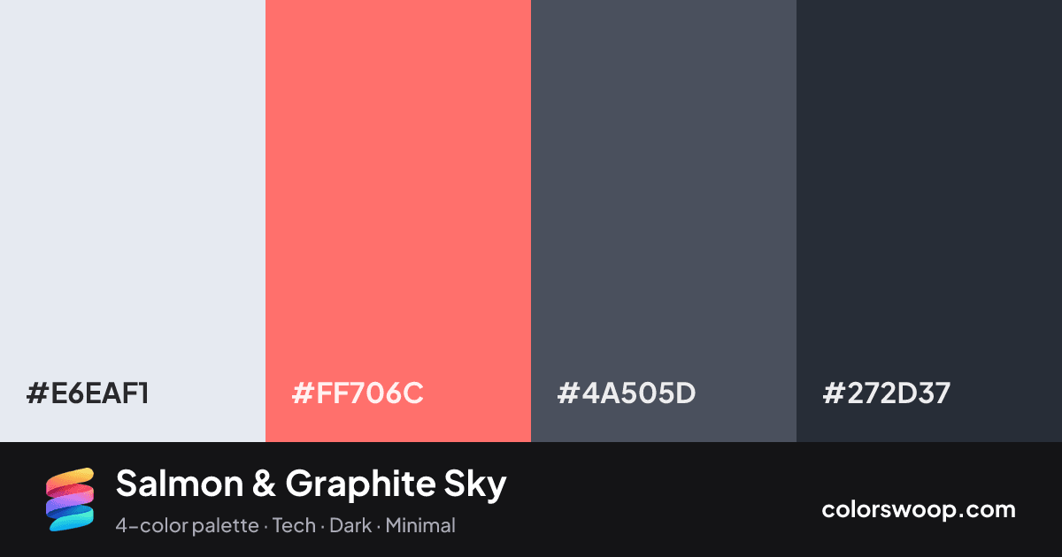 Salmon & Graphite Sky color palette card: Frost #E6EAF1, Salmon #FF706C, Graphite #4A505D, Gunmetal #272D37