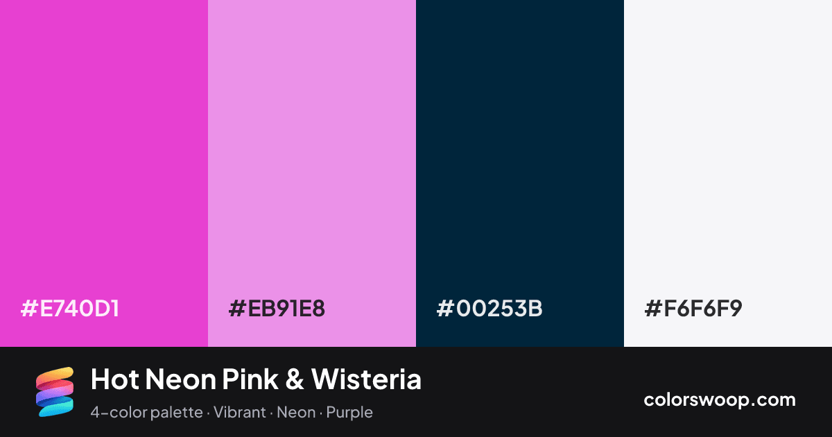 Hot Neon Pink & Wisteria color palette card: Neon Pink #E740D1, Wisteria #EB91E8, Ink #00253B, Smoke #F6F6F9