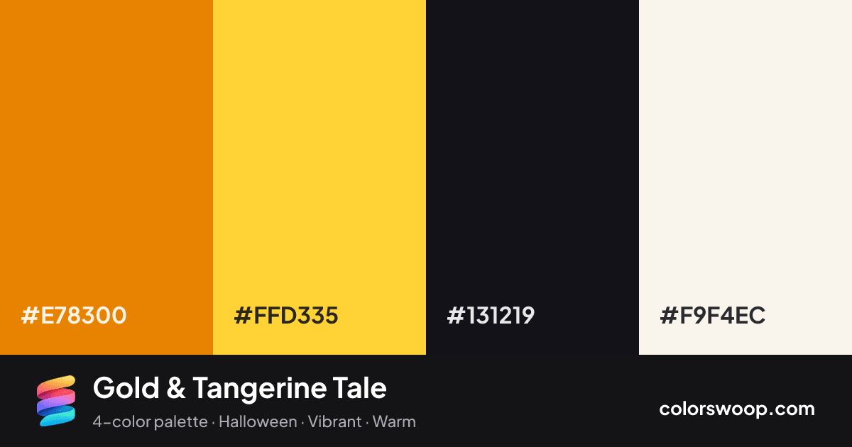 Gold & Tangerine Tale color palette card: Tangerine #E78300, Gold #FFD335, Licorice #131219, Linen #F9F4EC