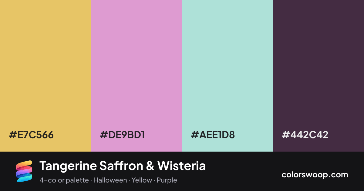 Tangerine Saffron & Wisteria color palette card: Saffron #E7C566, Wisteria #DE9BD1, Powder Blue #AEE1D8, Jet #442C42