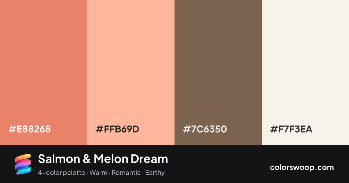 Salmon & Melon Dream color palette card: Salmon #E88268, Melon #FFB69D, Cocoa #7C6350, Linen #F7F3EA