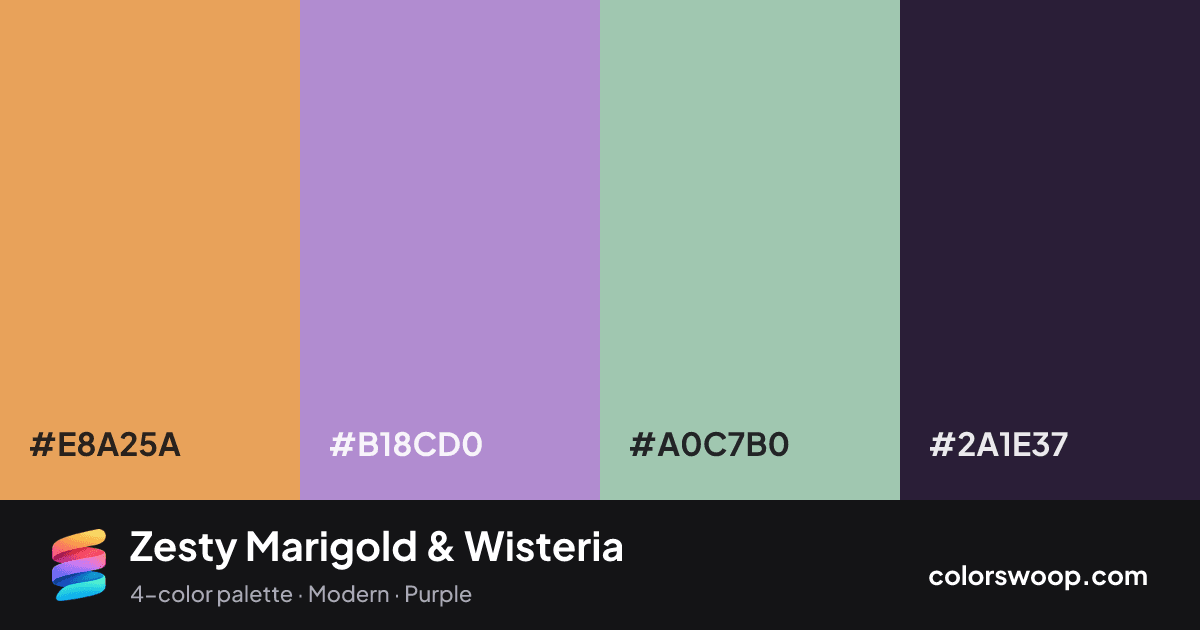 Zesty Marigold & Wisteria color palette card: Marigold #E8A25A, Wisteria #B18CD0, Ash #A0C7B0, Raisin #2A1E37