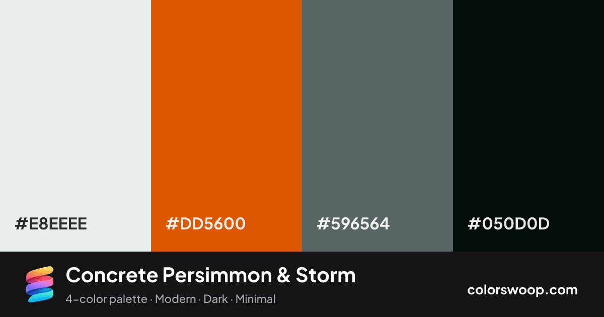 Concrete Persimmon & Storm color palette card: Frost #E8EEEE, Persimmon #DD5600, Storm #596564, Obsidian #050D0D