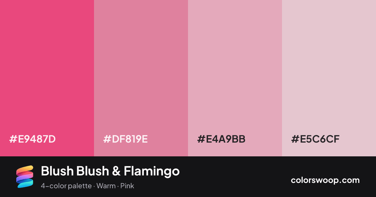 Blush Blush & Flamingo color palette card: Blush #E9487D, Flamingo #DF819E, Lilac #E4A9BB, Baby Pink #E5C6CF