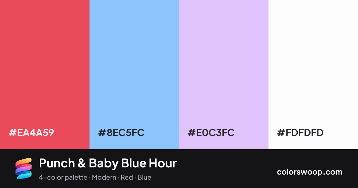 Punch & Baby Blue Hour color palette card: Punch #EA4A59, Baby Blue #8EC5FC, Periwinkle #E0C3FC, White #FDFDFD