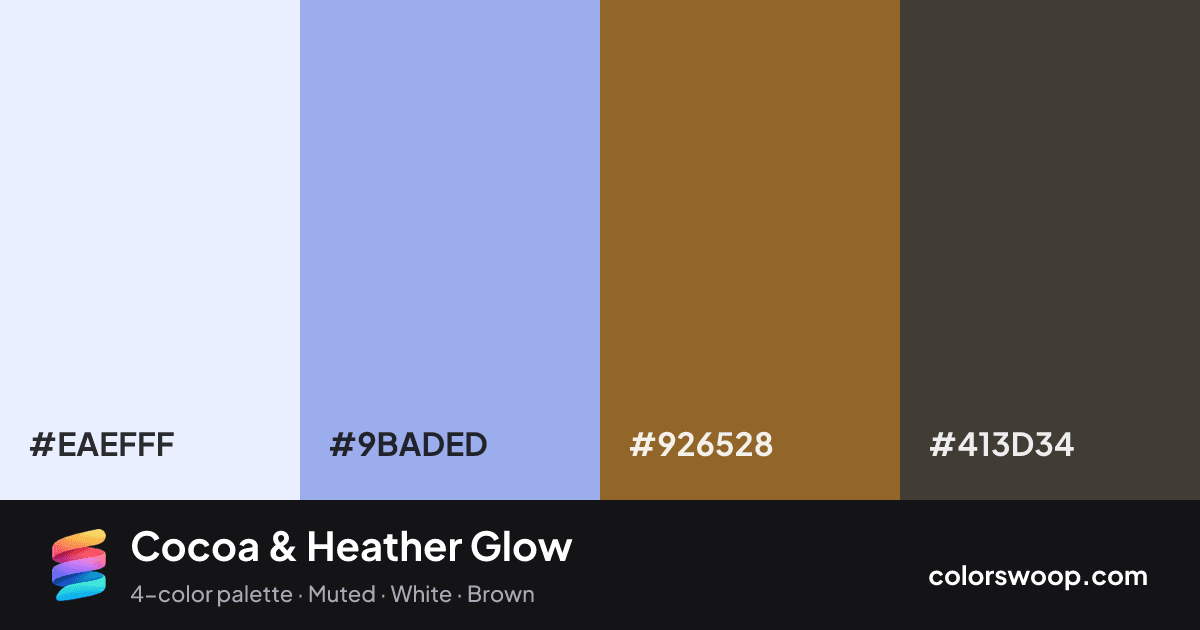 Cocoa & Heather Glow color palette card: Frost #EAEFFF, Heather #9BADED, Cocoa #926528, Taupe #413D34