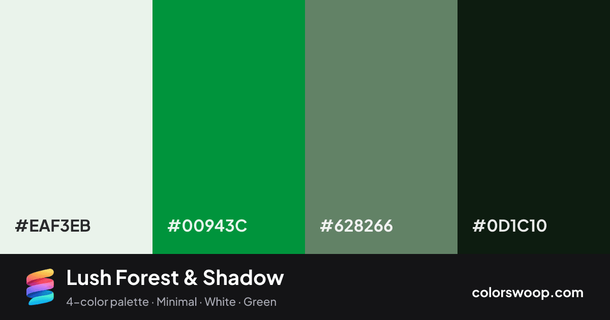 Lush Forest & Shadow color palette card: Frost #EAF3EB, Forest #00943C, Shadow #628266, Licorice #0D1C10