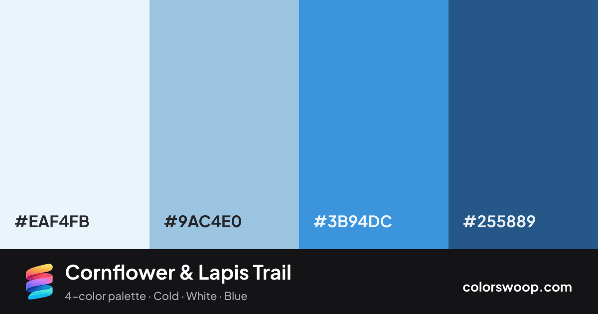 Cornflower & Lapis Trail color palette card: Frost #EAF4FB, Sky Blue #9AC4E0, Cornflower #3B94DC, Lapis #255889
