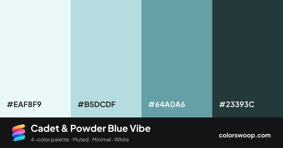 Cadet & Powder Blue Vibe color palette card: Smoke #EAF8F9, Powder Blue #B5DCDF, Cadet #64A0A6, Gunmetal #23393C