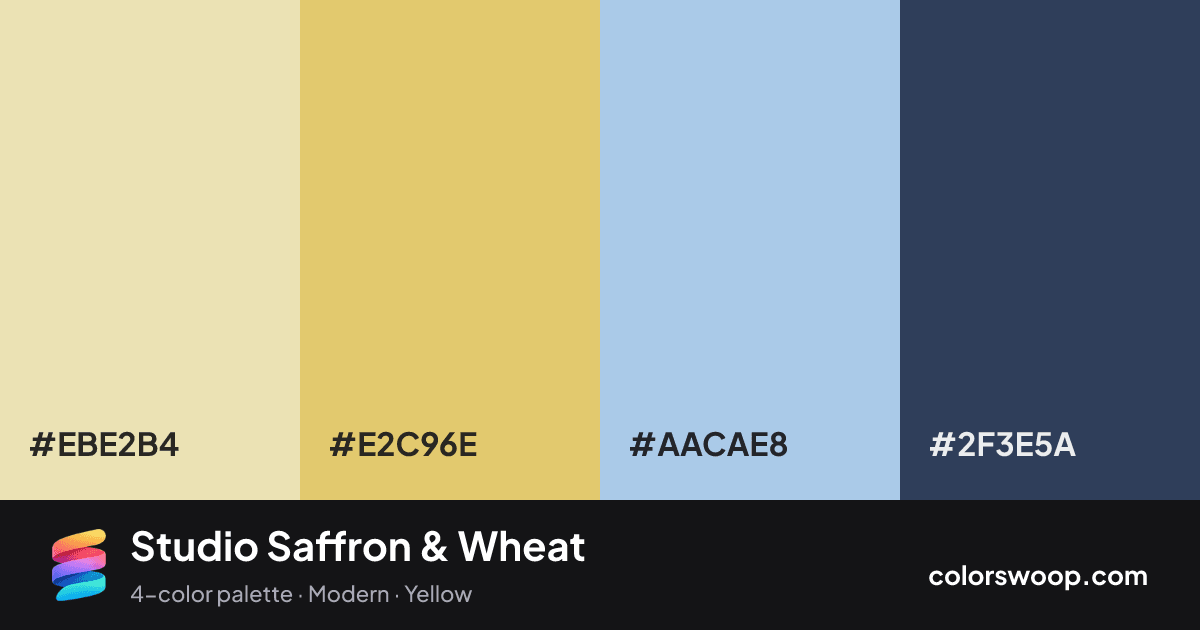 Studio Saffron & Wheat color palette card: Wheat #EBE2B4, Saffron #E2C96E, Baby Blue #AACAE8, Charcoal #2F3E5A
