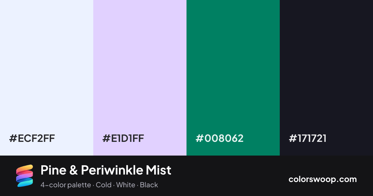 Pine & Periwinkle Mist color palette card: Frost #ECF2FF, Periwinkle #E1D1FF, Pine #008062, Licorice #171721