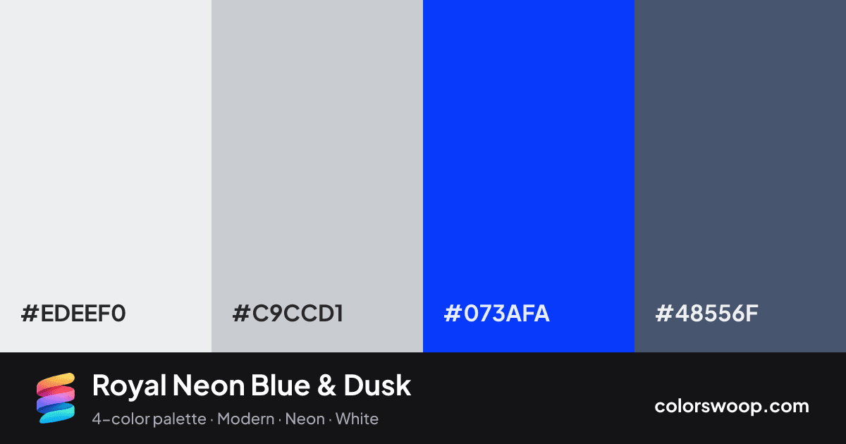 Royal Neon Blue & Dusk color palette card: Frost #EDEEF0, Fog #C9CCD1, Neon Blue #073AFA, Dusk #48556F