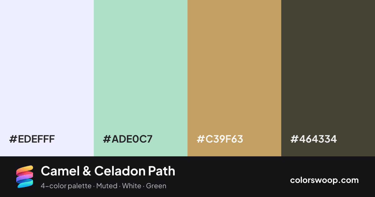 Camel & Celadon Path color palette card: Frost #EDEFFF, Celadon #ADE0C7, Camel #C39F63, Taupe #464334