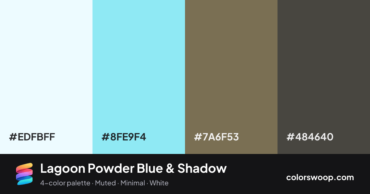Lagoon Powder Blue & Shadow color palette card: Smoke #EDFBFF, Powder Blue #8FE9F4, Shadow #7A6F53, Graphite #484640