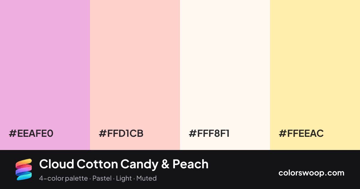 Cloud Cotton Candy & Peach color palette card: Cotton Candy #EEAFE0, Ballet #FFD1CB, Snow #FFF8F1, Peach #FFEEAC