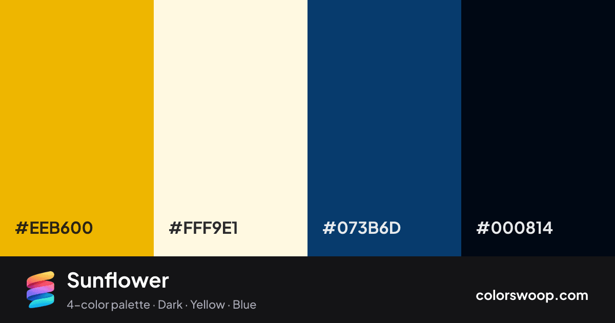 Sunflower color palette card: Mustard #EEB600, Buttercream #FFF9E1, Prussian Blue #073B6D, Obsidian #000814