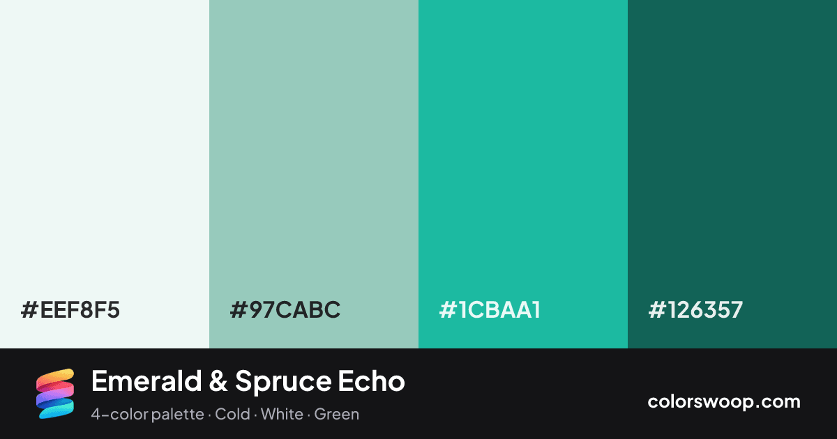 Emerald & Spruce Echo color palette card: Smoke #EEF8F5, Ash #97CABC, Emerald #1CBAA1, Spruce #126357