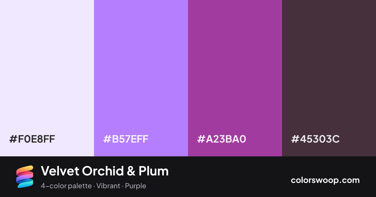 Velvet Orchid & Plum color palette card: Lavender #F0E8FF, Orchid #B57EFF, Plum #A23BA0, Jet #45303C