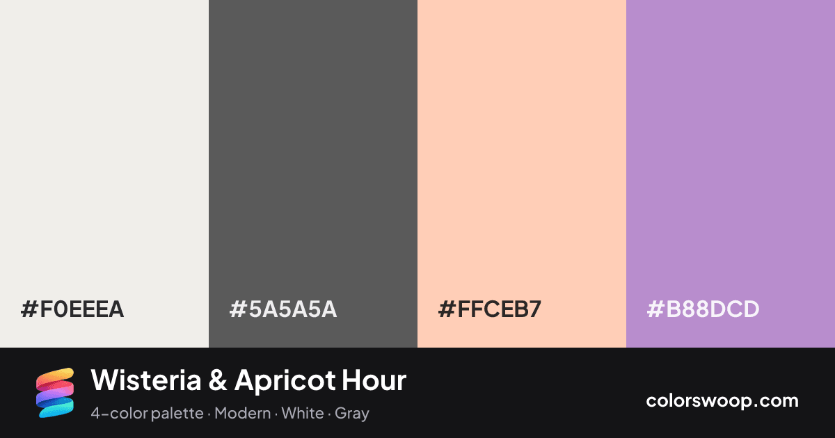 Wisteria & Apricot Hour color palette card: Linen #F0EEEA, Umber #5A5A5A, Apricot #FFCEB7, Wisteria #B88DCD