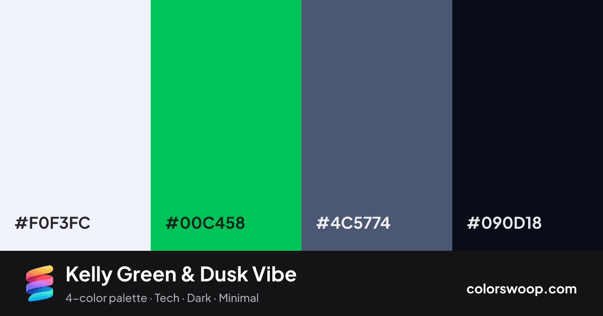 Kelly Green & Dusk Vibe color palette card: Frost #F0F3FC, Kelly Green #00C458, Dusk #4C5774, Obsidian #090D18