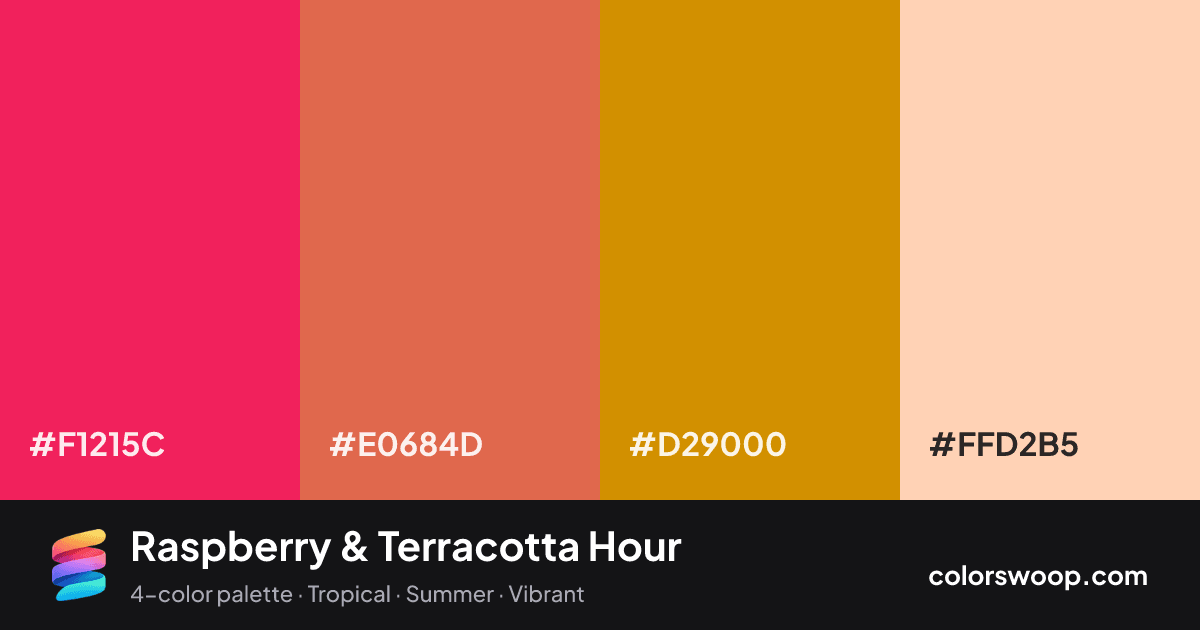 Raspberry & Terracotta Hour color palette card: Raspberry #F1215C, Terracotta #E0684D, Caramel #D29000, Apricot #FFD2B5