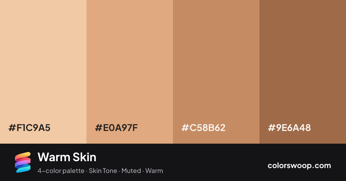 Warm Skin color palette card: Apricot #F1C9A5, Dusty Rose #E0A97F, Hazelnut #C58B62, Clay #9E6A48