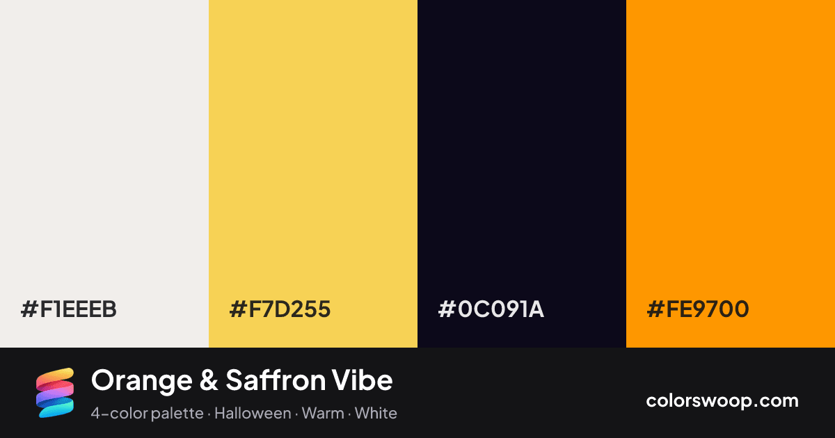 Orange & Saffron Vibe color palette card: Linen #F1EEEB, Saffron #F7D255, Obsidian #0C091A, Orange #FE9700