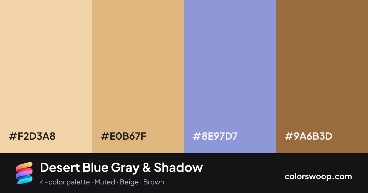 Desert Blue Gray & Shadow color palette card: Apricot #F2D3A8, Tan #E0B67F, Blue Gray #8E97D7, Shadow #9A6B3D