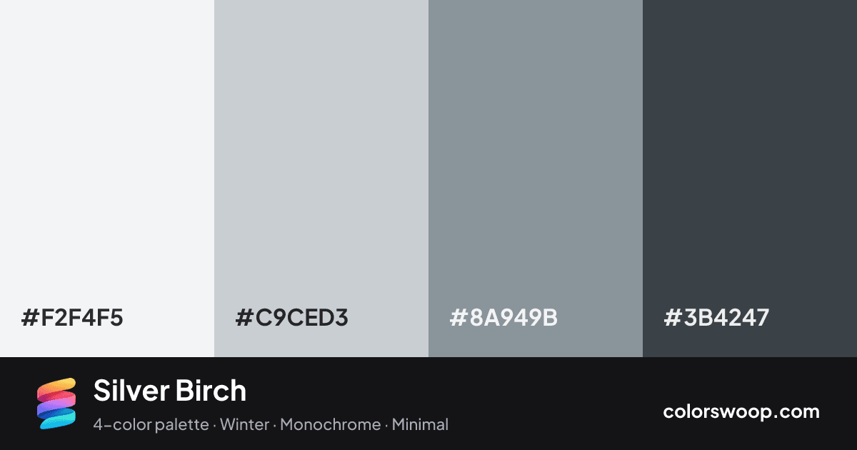 Silver Birch color palette card: Smoke #F2F4F5, Fog #C9CED3, Pewter #8A949B, Iron #3B4247