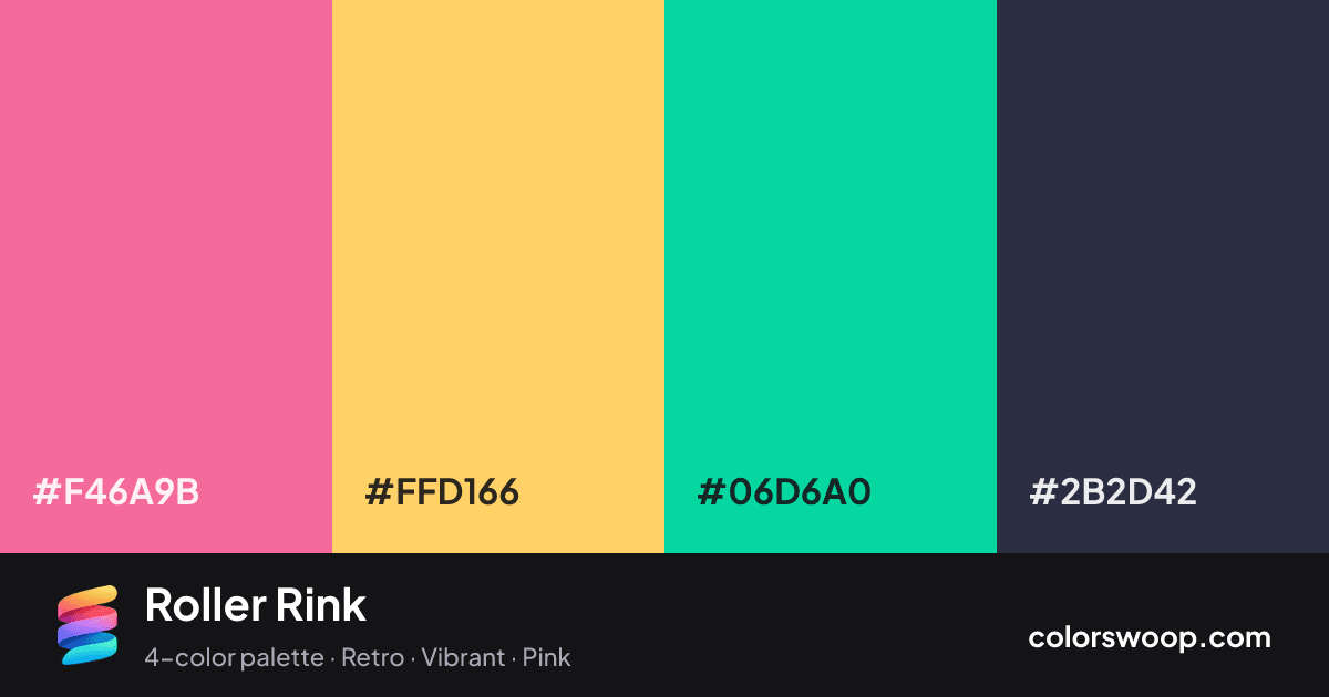 Roller Rink color palette card: Strawberry #F46A9B, Saffron #FFD166, Eucalyptus #06D6A0, Gunmetal #2B2D42