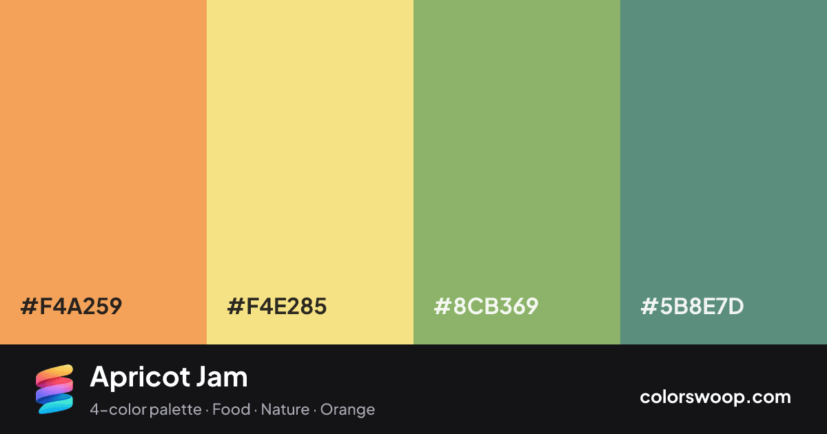 Apricot Jam color palette card: Cantaloupe #F4A259, Vanilla #F4E285, Pistachio #8CB369, Cadet #5B8E7D