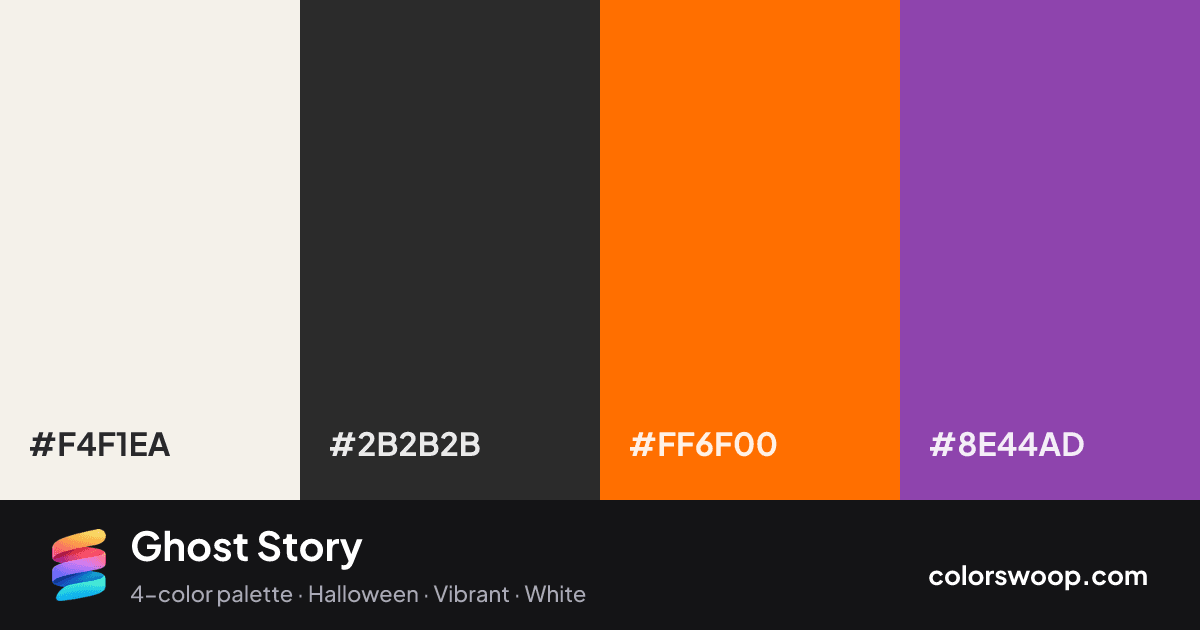 Ghost Story color palette card: Linen #F4F1EA, Gunmetal #2B2B2B, Pumpkin #FF6F00, Plum #8E44AD