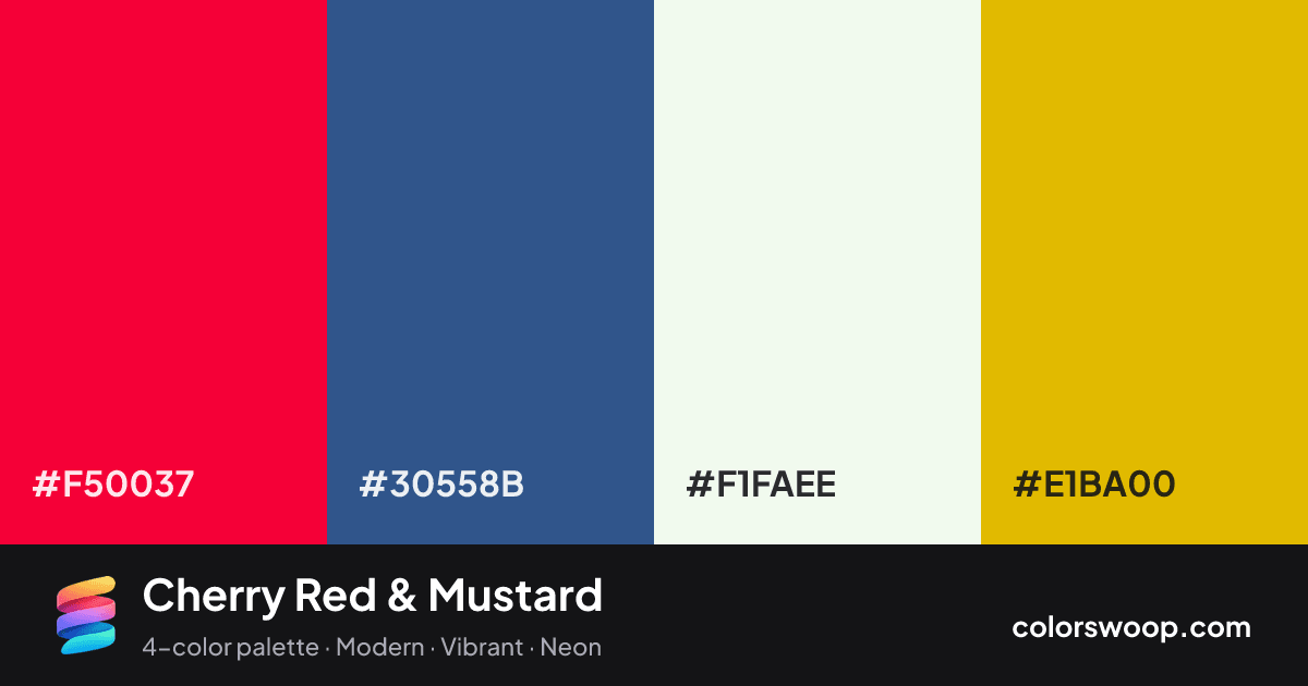 Cherry Red & Mustard color palette card: Red #F50037, Lapis #30558B, Smoke #F1FAEE, Mustard #E1BA00