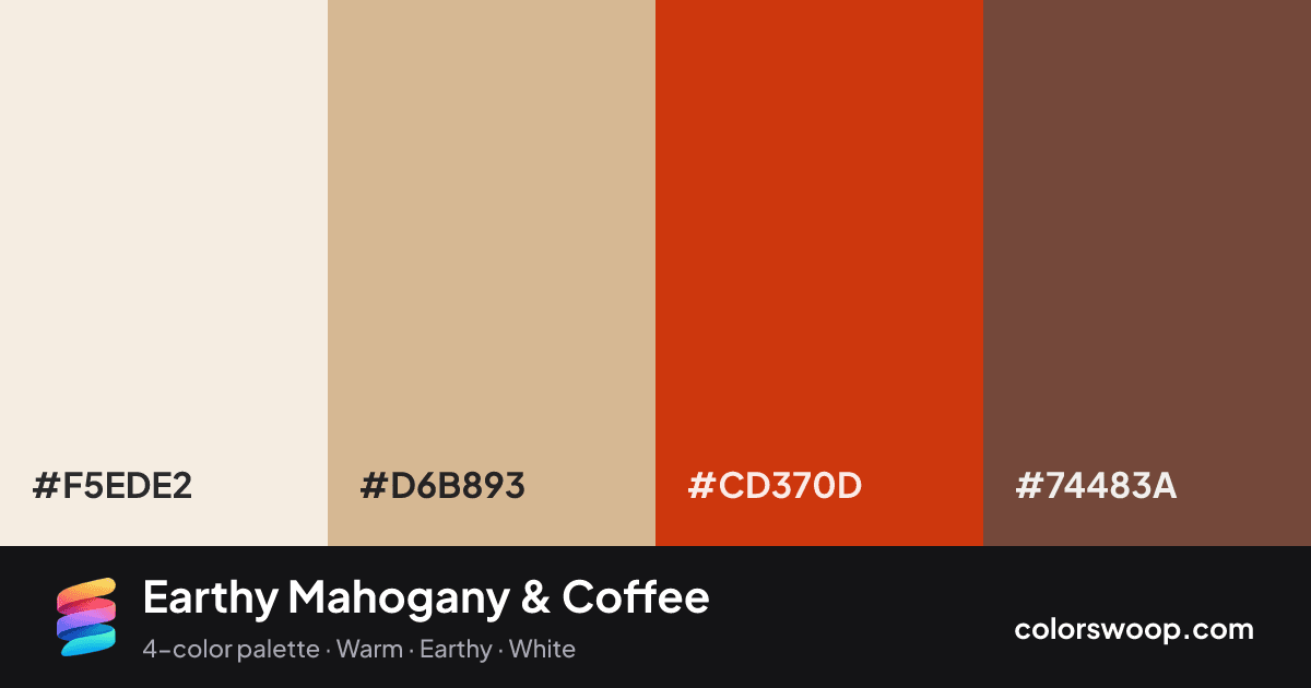 Earthy Mahogany & Coffee color palette card: Linen #F5EDE2, Tan #D6B893, Mahogany #CD370D, Coffee #74483A